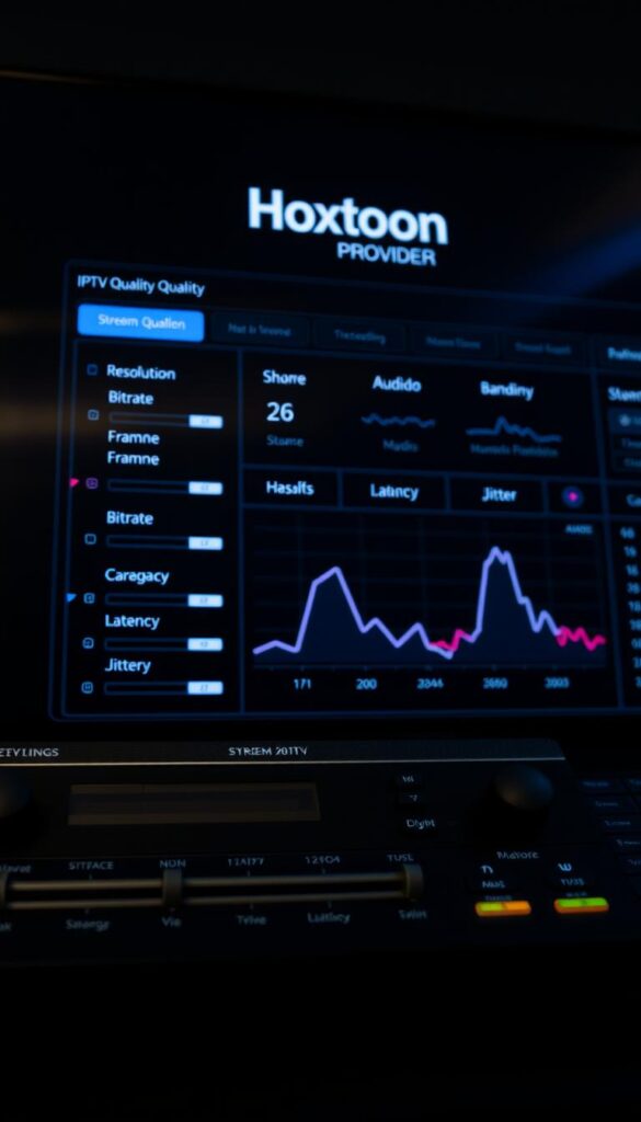 A high-tech dashboard displaying various IPTV stream quality options, with the Hoxtoon Provider branding prominently featured. In the foreground, a series of sliders and toggles allow the user to adjust parameters like resolution, bitrate, frame rate, and audio quality. The middle ground showcases visualizations of the network bandwidth, latency, and jitter, providing real-time performance insights. In the background, a sleek, minimalist interface with clean lines and a dark color scheme creates a professional, technologically advanced atmosphere. Soft, directional lighting from the side emphasizes the depth and dimensionality of the scene, while a slightly low camera angle instills a sense of authority and control.