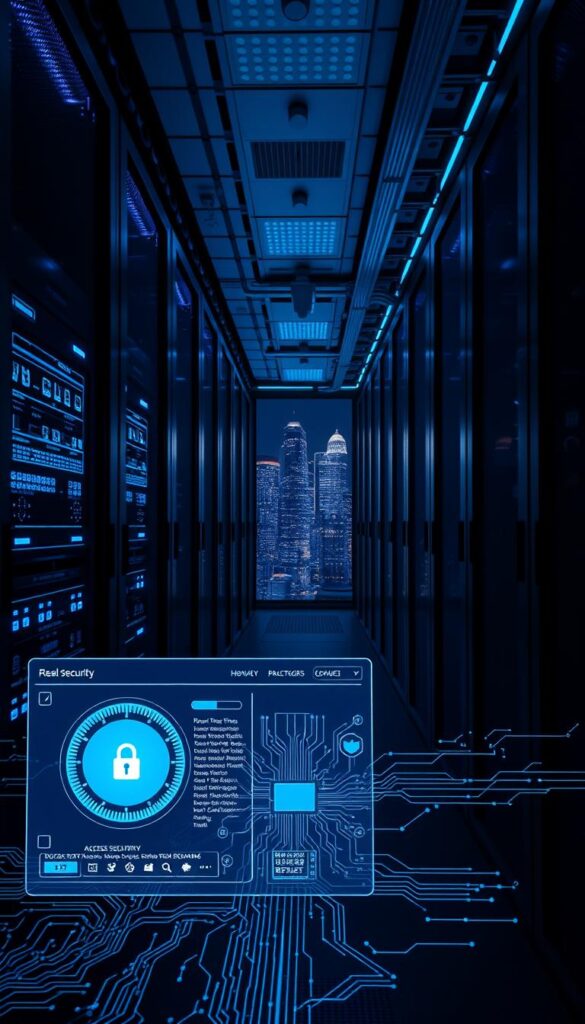 A high-tech data center, dimly lit with cool blue hues, servers and network equipment arranged in a sleek, organized manner. In the foreground, a Hoxtoon Provider security dashboard glows, displaying real-time threat monitoring, encrypted data streams, and tamper-proof access controls. The middle ground features intricate circuit boards and cryptographic algorithms, symbolizing the advanced security measures at work. The background showcases a cityscape at night, reflecting the global reach and scalability of the Hoxtoon Provider IPTV service, protected by cutting-edge cybersecurity protocols.