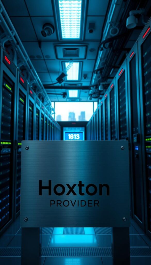 A high-tech data center with rows of secure server racks, blinking indicator lights, and a centralized control panel. The room is bathed in a cool, blue-tinted lighting, creating an atmosphere of digital precision. In the foreground, a Hoxtoon Provider logo is prominently displayed on a sleek, brushed metal sign, underscoring the company's commitment to robust security measures. The middle ground features an array of biometric scanners, keypad access points, and security cameras monitoring the facility. The background showcases a panoramic view of the city skyline, emphasizing the importance of this Hoxtoon Provider location in safeguarding users' online privacy and viewing experiences.