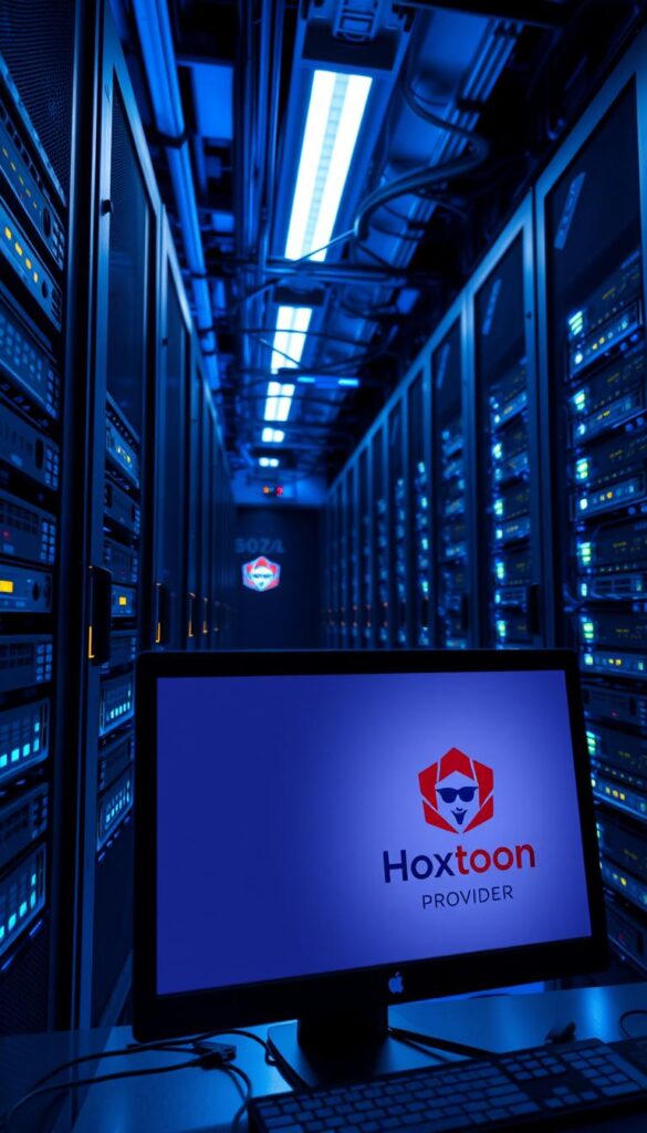 A high-tech data center with rows of secured servers, blinking lights, and intricate cable management. In the foreground, a sleek desktop computer with the Hoxtoon Provider logo prominently displayed. The environment is bathed in a cool, blue-tinted lighting, conveying a sense of technological sophistication and data security. The camera angle is slightly elevated, giving an overview of the organized, professional setup. The atmosphere is one of reliability, privacy, and unwavering protection for IPTV streaming in the USA.