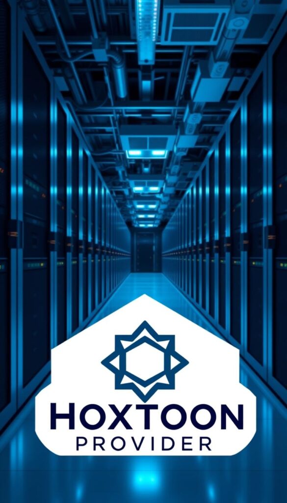 A high-tech data center with rows of server racks, air conditioning units, and glowing indicator lights. In the foreground, a stylized icon representing the Hoxtoon Provider brand, rendered in sleek metallic materials and geometric forms. The lighting is cool and clinical, with a sense of precision and expertise. The overall atmosphere conveys a reliable, professional, and compliant IPTV service that adheres to US regulations. The composition emphasizes the technical infrastructure powering the Hoxtoon Provider offering.
