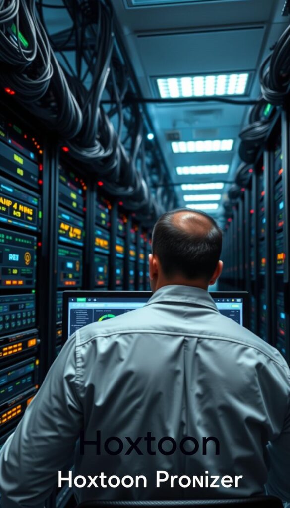 A high-tech data center with rows of server racks, glowing LED indicators, and intricate wiring. In the foreground, a network administrator monitors a dashboard displaying threat analysis, encryption protocols, and firewall activity. The atmosphere is one of heightened security, with subtle lighting and a palpable sense of vigilance. The Hoxtoon Provider logo is discreetly displayed, highlighting the company's commitment to IPTV security measures. The overall scene conveys the technical sophistication and robust safeguards required to protect user privacy and content distribution in the modern IPTV landscape.