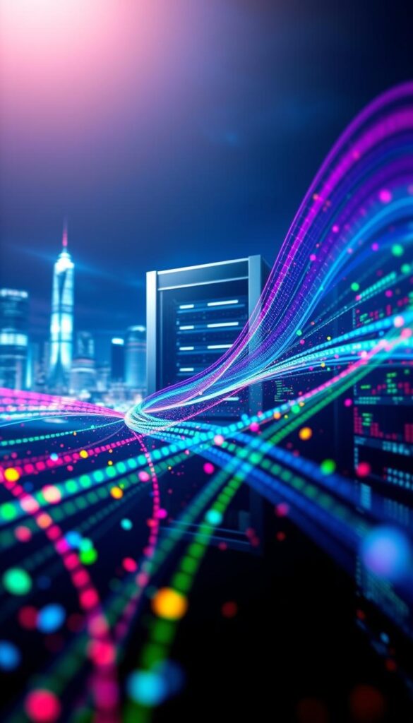 A high-tech data transmission process with the Hoxtoon Provider IPTV system. In the foreground, colorful streams of digital data flow seamlessly, representing the efficient transfer of multimedia content. In the middle ground, a sleek server rack and networking equipment symbolize the robust infrastructure powering the system. The background features a futuristic cityscape, hinting at the global reach and connectivity of the Hoxtoon IPTV service. Dramatic lighting casts an ethereal glow, conveying the cutting-edge technology at work. Precise camera angles and a sense of depth create a visually captivating and technically accurate illustration of the IPTV data transmission process.