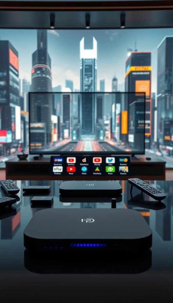 A high-tech digital entertainment hub featuring a sleek, modern Hoxtoon Provider interface. In the foreground, a state-of-the-art streaming device with a minimalist design sits atop a glossy black surface, surrounded by remote controls and other multimedia accessories. The middle ground showcases a variety of streaming app icons, hinting at the wide selection of content available. In the background, a futuristic cityscape with skyscrapers and neon-lit streets creates an atmosphere of urban sophistication and technological advancement. Soft, warm lighting illuminates the scene, conveying a sense of comfort and immersion in the digital realm. The overall composition suggests the seamless integration of IPTV streaming services into a cutting-edge, premium entertainment experience.