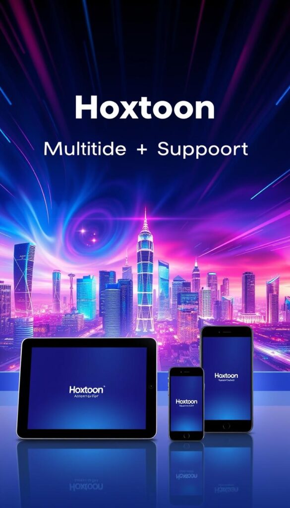 A high-tech digital illustration depicting the "Hoxtoon Provider" multi-device support feature. In the foreground, multiple sleek devices, including a smart TV, tablet, and smartphone, are seamlessly connected and displaying the Hoxtoon logo. The middle ground showcases a vibrant, futuristic cityscape with skyscrapers and glowing neon lights, reflecting the advanced technology of the Hoxtoon platform. The background is a dramatic, cinematic sky with streaks of colorful, dynamic energy, symbolizing the power and versatility of the Hoxtoon service. The overall composition conveys a sense of modern, cutting-edge technology and the effortless integration of Hoxtoon across a variety of devices.