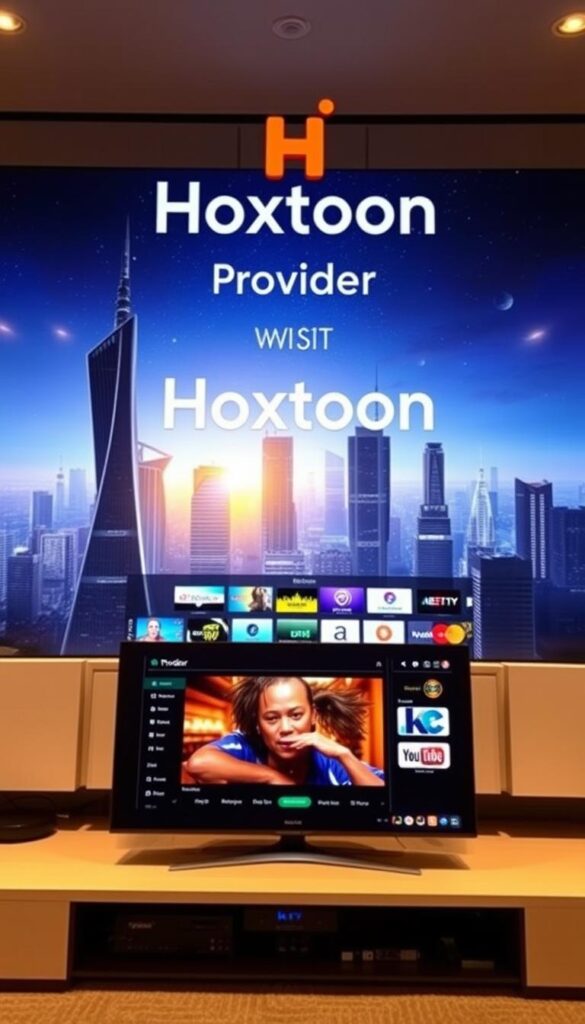 A high-tech digital interface featuring the Hoxtoon Provider logo, showcasing a sleek and modern IPTV streaming service. The foreground displays a clean user dashboard with intuitive controls and a vivid, high-definition video player. The middle ground includes a grid of popular live TV channels and on-demand content, while the background depicts a futuristic cityscape with towering skyscrapers and a starry night sky, conveying a sense of global connectivity and unlimited entertainment options. The lighting is soft and evenly distributed, creating a sophisticated and inviting atmosphere. The camera angle is slightly elevated, providing a comprehensive view of the comprehensive IPTV platform.