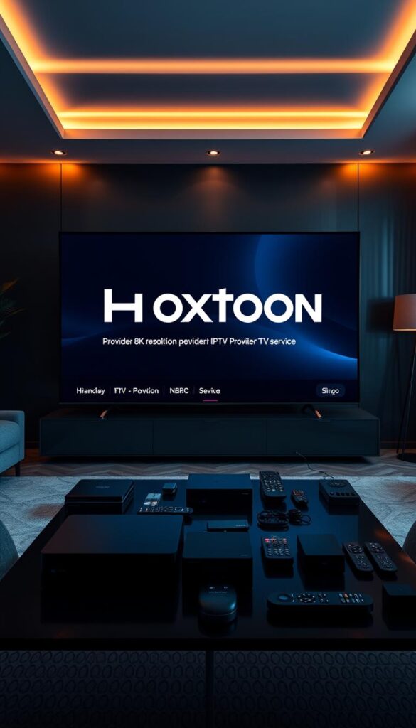 A high-tech digital interface showcasing the Hoxtoon Provider IPTV service, with a sleek, modern design. The foreground features a large 8K resolution television screen prominently displaying the Hoxtoon logo and service details. The middle ground includes a range of streaming media devices, remote controls, and other accessories in a minimalist, premium layout. The background depicts a dimly lit, sophisticated living room setting with warm lighting and contemporary furnishings, creating an atmosphere of elevated entertainment and premium home viewing experience.