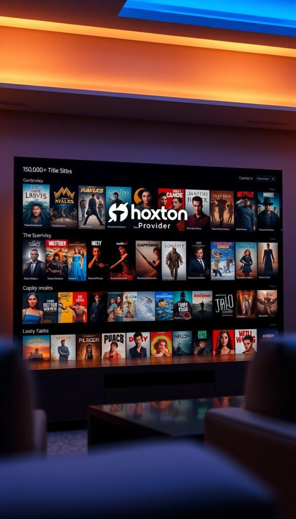 A high-tech digital streaming interface with a sleek, modern design. Showcasing a vast library of on-demand movies and TV shows, with the Hoxtoon Provider logo prominently displayed. The interface is illuminated by warm, soft lighting, creating a cozy and inviting atmosphere. The layout is well-organized, with clear categorization and intuitive navigation, highlighting the impressive 150,000+ title collection. A subtle depth of field effect adds depth and dimension to the image, drawing the viewer's attention to the compelling content available. The overall aesthetic conveys a premium, high-quality IPTV service that caters to discerning entertainment enthusiasts.