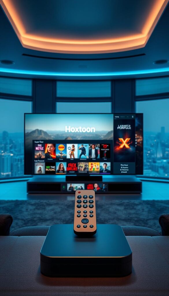 A high-tech entertainment hub with a sleek, futuristic interface. In the foreground, a large 4K OLED display showcases a vast library of on-demand video content, with the Hoxtoon Provider logo prominently displayed. The middle ground features a minimalist, touch-enabled remote control and a state-of-the-art streaming device, all bathed in a cool, blue-tinted lighting. The background depicts a dimly lit, modern living room with floor-to-ceiling windows, offering a panoramic view of a futuristic cityscape. The overall scene conveys a sense of seamless, immersive entertainment and the ultimate streaming experience.
