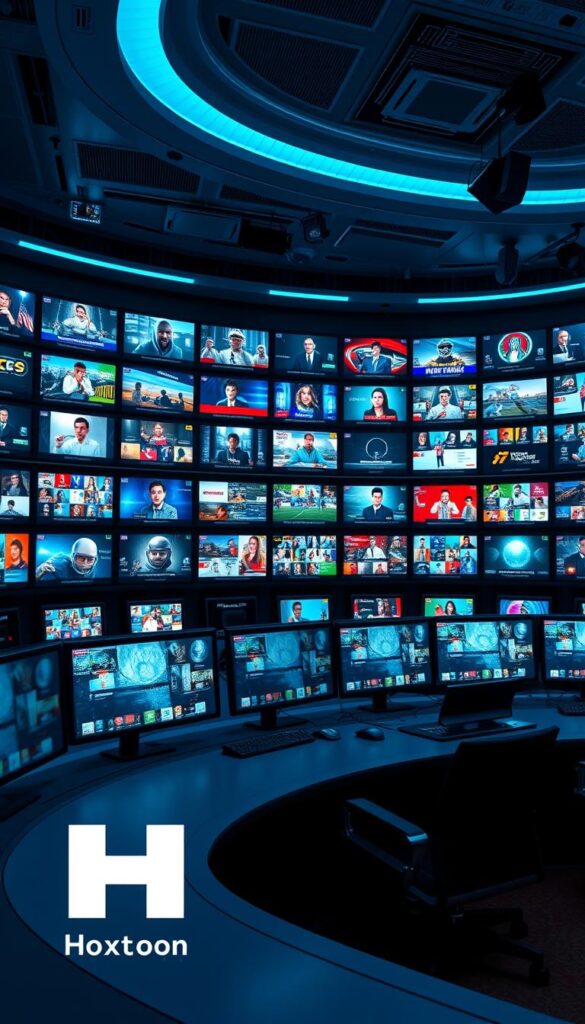 A high-tech, futuristic broadcast control center with rows of monitors displaying a vast array of live TV channels. The foreground features the Hoxtoon Provider logo prominently displayed, conveying a sense of authority and reliability. In the middle ground, clusters of sleek, high-resolution displays showcase a diverse selection of global news, sports, entertainment, and specialty channels, numbers climbing into the tens of thousands. The background is bathed in a cool, ambient lighting that casts an aura of technological prowess and innovation. The overall scene exudes a sense of comprehensive, cutting-edge media coverage, reflecting the breadth and depth of the Hoxtoon IPTV service.