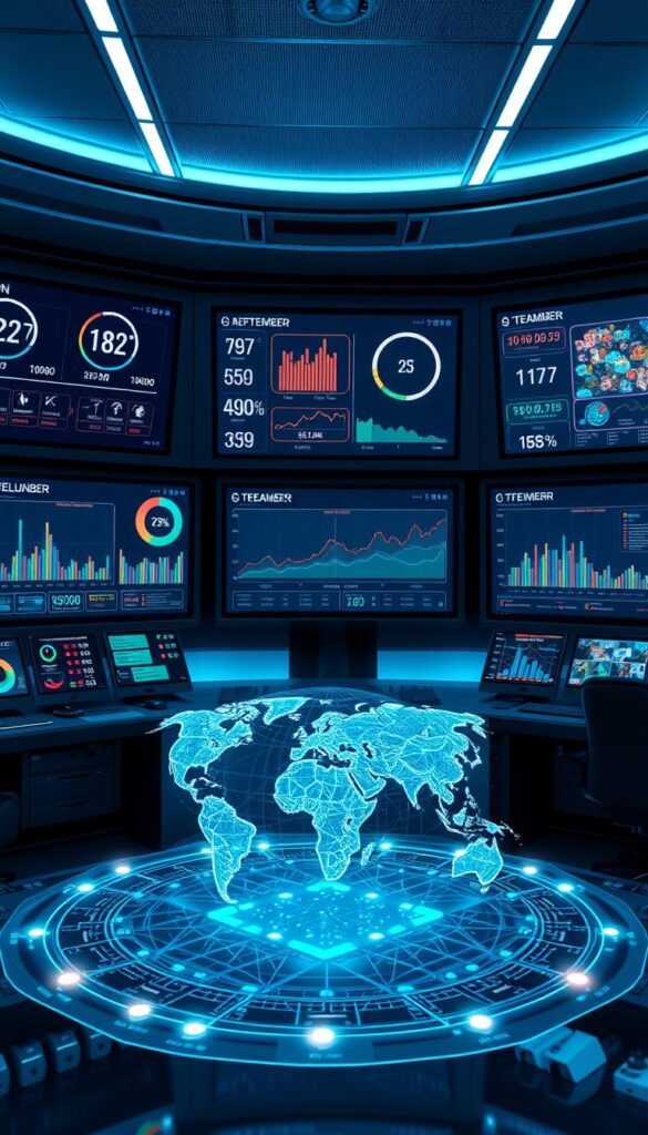 A high-tech, futuristic control room with multiple large screens displaying various IPTV streaming metrics and visualizations. The screens show real-time data on bitrate, resolution, latency, and other key performance indicators for the Hoxtoon Provider network. Sleek, minimalist design with chrome and glass elements. Ambient blue lighting casts an otherworldly glow, creating a sense of technological sophistication. In the foreground, a holographic display projects a 3D model of the global Hoxtoon network infrastructure, pulsing with data. The overall scene conveys the advanced, cutting-edge nature of the Hoxtoon Provider's streaming technology and capabilities. A high-tech, futuristic control room with multiple large screens displaying various IPTV streaming metrics and visualizations. The screens show real-time data on bitrate, resolution, latency, and other key performance indicators for the Hoxtoon Provider network. Sleek, minimalist design with chrome and glass elements. Ambient blue lighting casts an otherworldly glow, creating a sense of technological sophistication. In the foreground, a holographic display projects a 3D model of the global Hoxtoon network infrastructure, pulsing with data. The overall scene conveys the advanced, cutting-edge nature of the Hoxtoon Provider's streaming technology and capabilities.