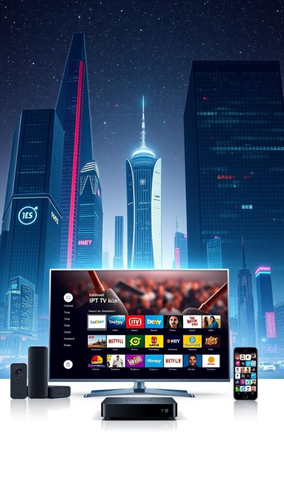 A high-tech, futuristic illustration showcasing Hoxtoon Provider, a reliable and modern IPTV solution. In the foreground, a sleek, minimalist user interface displays a diverse array of live TV channels and on-demand content. The middle ground features various devices, such as a smart TV, a streaming box, and a mobile phone, all seamlessly connected to the Hoxtoon Provider service. The background depicts a cityscape with towering skyscrapers, vibrant neon lights, and a clear, starry night sky, symbolizing the expansive reach and technological advancement of the Hoxtoon Provider platform. The overall scene conveys a sense of innovation, convenience, and a future-forward vision for the IPTV market.