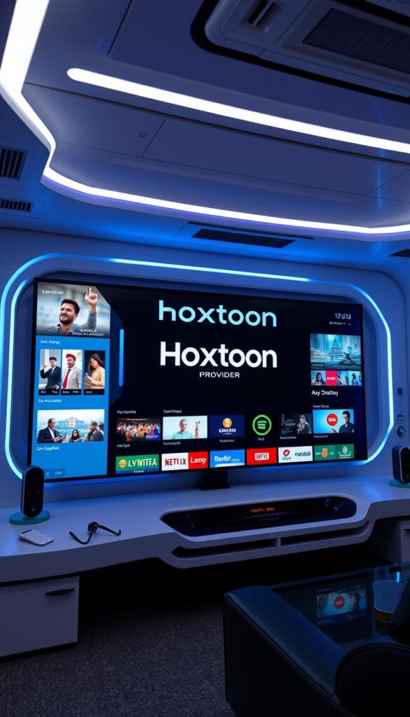 A high-tech, futuristic streaming interface with the Hoxtoon Provider logo prominently displayed. The scene depicts a sleek, minimalist dashboard with intuitive controls and a vibrant, high-definition display showcasing a diverse range of live TV channels and on-demand content. The lighting is crisp and clean, accentuating the modern, technology-driven atmosphere. The camera angle is slightly elevated, giving a sense of authority and professionalism to the setup. The overall impression is one of a seamless, high-quality IPTV experience that is both visually appealing and easy to navigate.