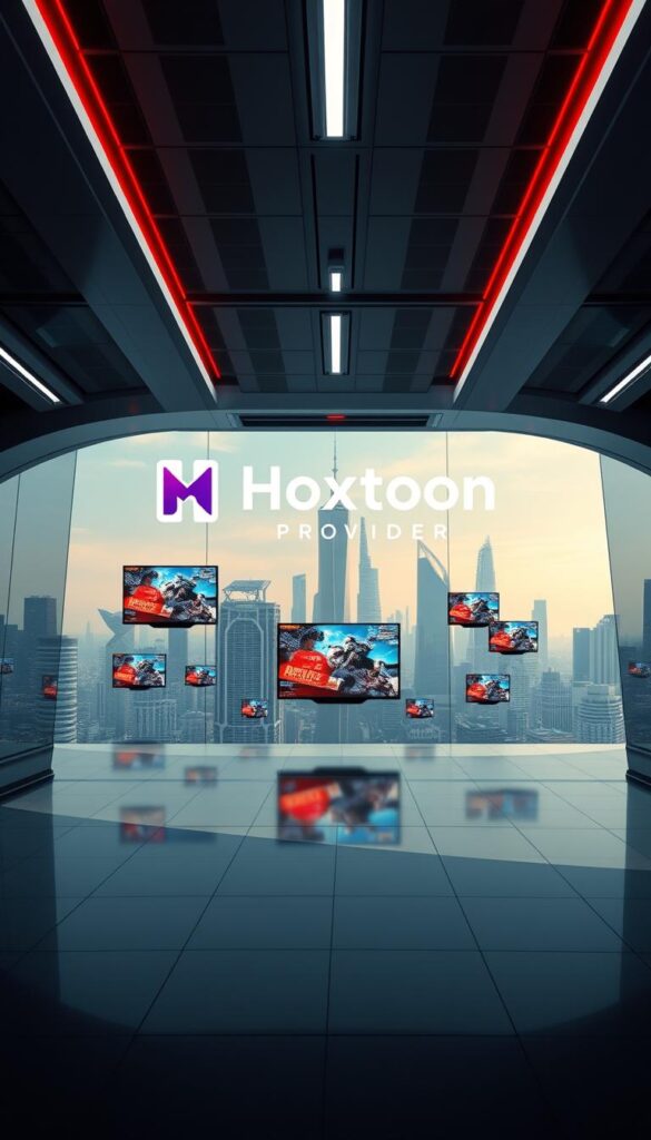 A high-tech, futuristic streaming platform set against a backdrop of sleek, modern architecture. In the foreground, a Hoxtoon Provider logo hovers, its crisp, vibrant branding reflecting the quality and performance of the service. The scene is bathed in a cool, ambient lighting, casting dramatic shadows that accentuate the clean lines and sharp edges of the digital landscape. The middle ground features a series of floating display screens, each showcasing vivid, high-resolution content, symbolizing the seamless, high-quality streaming experience. In the distance, a cityscape of towering skyscrapers and futuristic structures adds depth and a sense of scale, hinting at the expansive reach and capabilities of the Hoxtoon network. The overall atmosphere conveys a sense of technological prowess, efficiency, and a cutting-edge streaming solution.