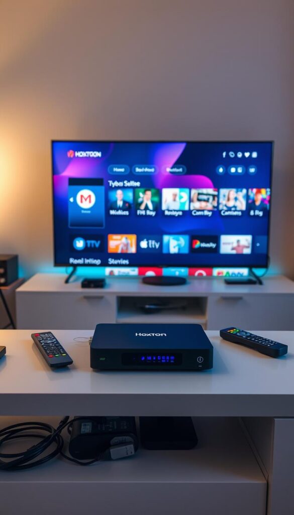 A high-tech home entertainment setup featuring a sleek Hoxtoon Provider IPTV box, positioned prominently on a modern, minimalist TV stand. The box is surrounded by various remote controls, USB cables, and other accessories, all neatly arranged. In the background, a large 4K TV screen displays a vibrant, detailed interface showcasing the Hoxtoon Provider's premium IPTV service, with a variety of content options. The lighting is soft and warm, creating a cozy, inviting atmosphere. The entire scene conveys a sense of convenience, sophistication, and the ultimate streaming experience.