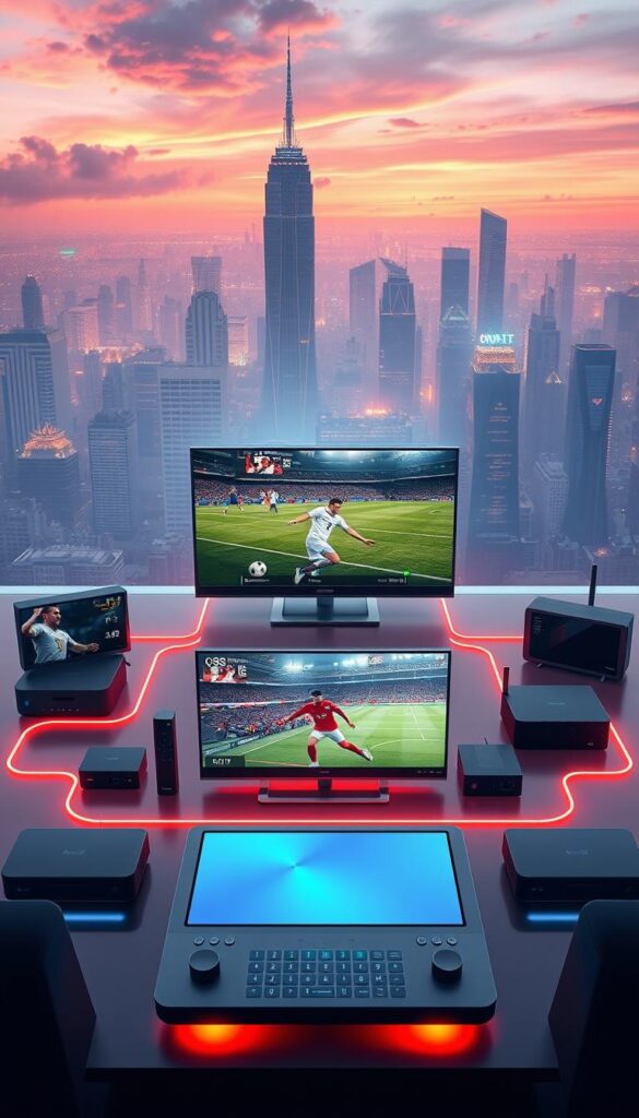 A high-tech illustration of IPTV technology, showcasing a sleek Hoxtoon Provider interface. In the foreground, a 4K Ultra HD video player displays a live sports event, surrounded by a clean, minimalist control panel. The middle ground features various streaming devices, from smart TVs to set-top boxes, connected through a robust, futuristic network. In the background, a city skyline with towering skyscrapers and a vibrant, neon-lit atmosphere. The scene conveys the premium, cutting-edge nature of IPTV sports streaming, with a focus on seamless integration, high-quality visuals, and the convenience of on-demand access.