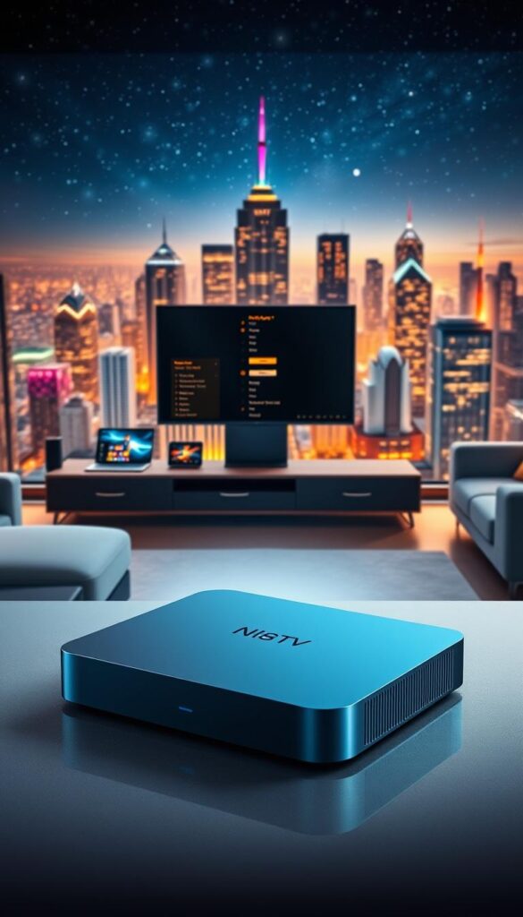 A high-tech illustration of IPTV technology, showcasing the evolution from traditional cable TV to the cutting-edge Hoxtoon Provider platform. In the foreground, a sleek and modern IPTV set-top box with a minimalist design, effortlessly blending into a contemporary living room. The middle ground reveals a network of interconnected devices, including laptops, tablets, and smartphones, seamlessly streaming content. In the background, a vibrant cityscape with towering skyscrapers and a starry night sky, symbolizing the global reach and accessibility of IPTV. The scene is illuminated by a soft, warm lighting, creating a cozy and inviting atmosphere. The overall composition conveys the seamless integration of IPTV technology into our daily lives, reflecting the future of television entertainment.