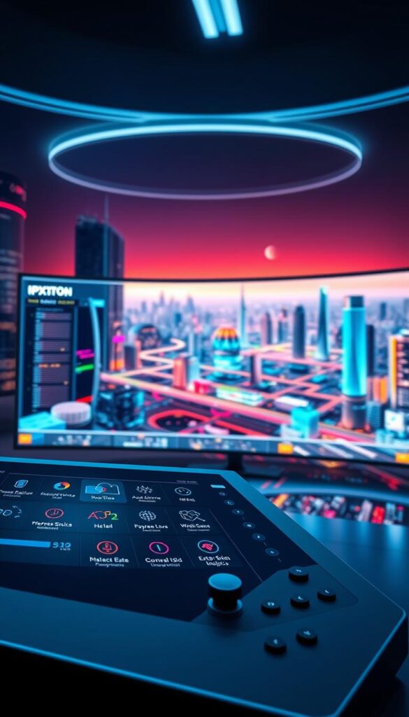 A high-tech interface showcasing the advanced features of IPTV Smarter Pro, a cutting-edge technology solution developed by the Hoxtoon Provider. In the foreground, a sleek, minimalist control panel with intuitive touch controls and sharp, high-resolution icons. The middle ground features a dynamic, 3D visualization of streaming data flows, with colorful network diagrams and real-time analytics. In the background, a futuristic cityscape with towering skyscrapers and glowing urban landscapes, conveying the global reach and connectivity of the IPTV Smarter Pro platform. The overall scene is bathed in a cool, neon-infused lighting, creating a sense of technological sophistication and innovation.