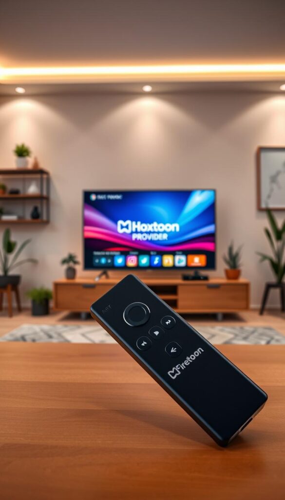 A high-tech living room scene with a cozy, modern ambiance. In the foreground, a Firestick device is prominently displayed, its sleek black design contrasting against the warm wooden TV stand. The Firestick's interface displays the Hoxtoon Provider logo, hinting at the abundance of free IPTV content available. In the middle ground, a large, high-definition TV screen casts a soft, ambient glow, showcasing the vibrant and immersive IPTV experience. The background features stylish decor elements, such as minimalist shelves, potted plants, and tasteful lighting fixtures, creating an inviting and tech-savvy atmosphere. The overall scene conveys a sense of the future of IPTV streaming, where seamless integration and a visually appealing setup elevate the Firestick user experience.