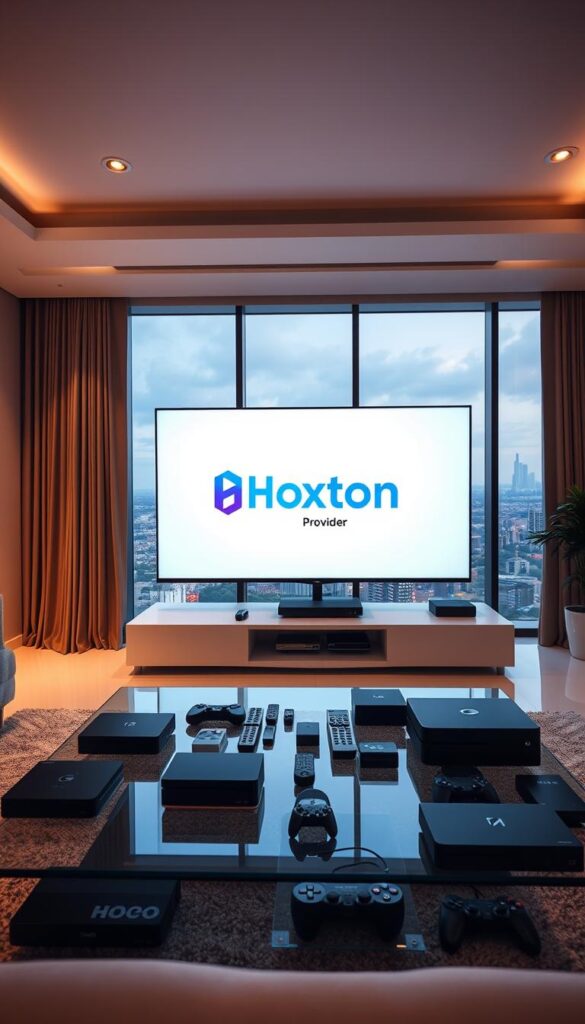 A high-tech living room with a large flatscreen TV prominently displayed. Sleek and modern home entertainment setup, with various streaming devices, game consoles, and remote controls scattered on a minimalist glass coffee table. Warm lighting from recessed ceiling fixtures casts a cozy glow, while large windows offer a scenic view of a vibrant cityscape in the background. On the TV screen, the Hoxtoon Provider logo is displayed, showcasing the evolution of television entertainment in the digital era.