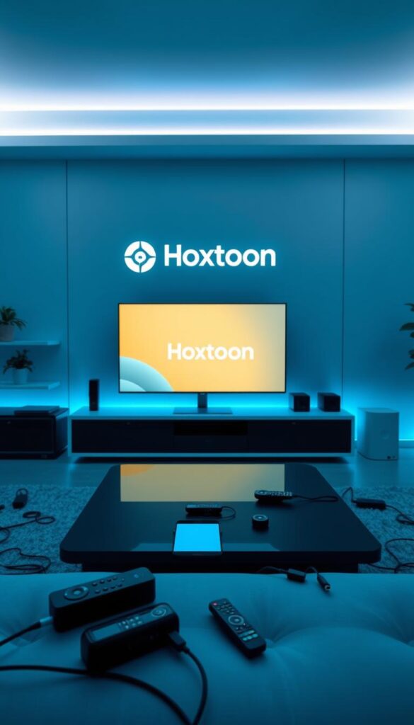 A high-tech, modern living room with a large, sleek TV displaying the Hoxtoon Provider logo. The room is filled with ambient blue lighting, casting a calming glow. On the coffee table, a smartphone and remote control suggest the ease of IPTV streaming. Scattered around are various streaming devices and cables, hinting at the seamless connectivity of Hoxtoon's IPTV solution. The overall scene conveys the convenience, accessibility, and growing popularity of smart IPTV technology.