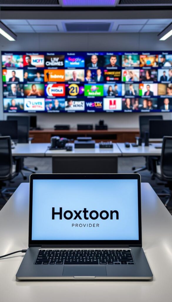A high-tech office setting with sleek, modern desks and chairs. In the foreground, a laptop displays the Hoxtoon Provider logo, representing the premium IPTV service. The middle ground showcases various streaming devices like smart TVs, set-top boxes, and mobile devices, all connected to the Hoxtoon network. In the background, a large display screen shows a grid of live TV channels and on-demand content, reflecting the extensive library of the premium IPTV service. The scene is well-lit, with a cool, professional atmosphere, conveying the sophistication and reliability of the Hoxtoon Provider's premium IPTV offering.