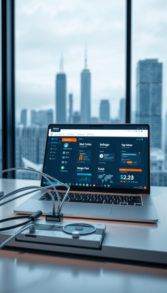 A high-tech security setup with a Hoxtoon Provider VPN interface, displayed on a sleek, minimalist desktop. In the foreground, a secure internet connection is depicted, with data streams flowing through encrypted tunnels. The middle ground showcases the VPN software, featuring a clean, intuitive dashboard with toggles and status indicators. In the background, a subtle, futuristic cityscape can be seen through a window, adding a sense of urban sophistication. The lighting is soft and diffused, creating a calming, professional atmosphere. The camera angle is slightly elevated, giving a comprehensive view of the setup and conveying a sense of control and protection.