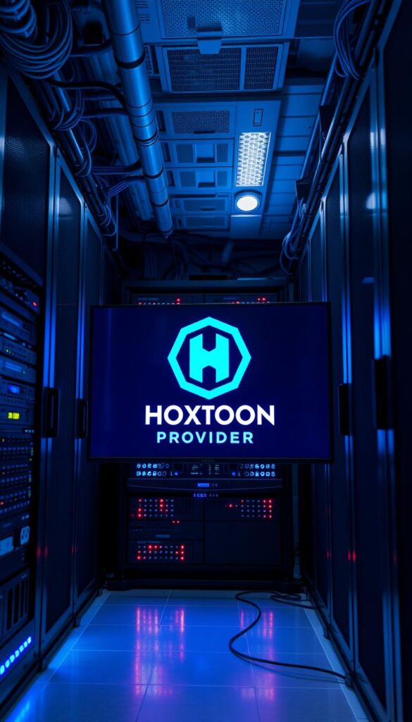 A high-tech server room with rows of sleek, state-of-the-art hardware, cables, and blinking lights. In the foreground, a Hoxtoon Provider logo is prominently displayed on a large monitor, showcasing the premium IPTV service. The lighting is cool and futuristic, casting a blue hue across the scene. The camera angle is slightly elevated, giving a sense of scale and the complexity of the system. The overall atmosphere conveys a sense of power, reliability, and cutting-edge technology, reflecting the premium nature of the IPTV service.