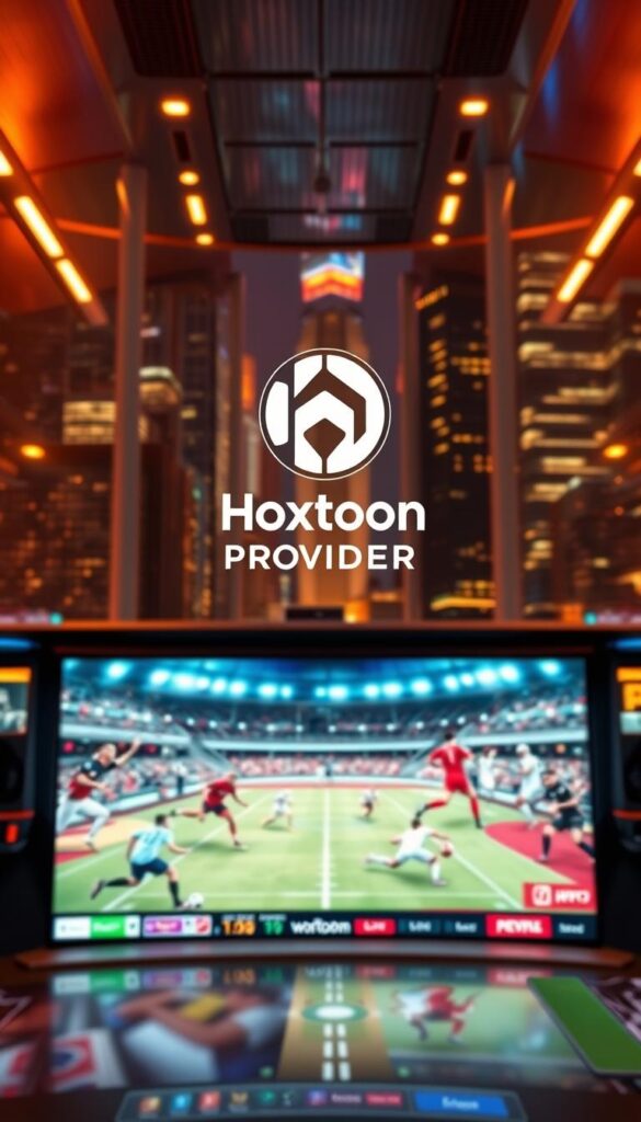 A high-tech sports entertainment hub with a sleek, futuristic interface. In the foreground, a Hoxtoon Provider logo hovers over a dynamic display showcasing a diverse array of live sports events. The middle ground features vibrant motion graphics, with athletes in action across various sports disciplines. In the background, a cityscape pulses with neon-lit skyscrapers, creating an immersive, technologically advanced atmosphere. Warm, saturated lighting and a cinematic depth of field lend a sense of excitement and grandeur to the scene, reflecting the excitement of IPTV sports streaming.