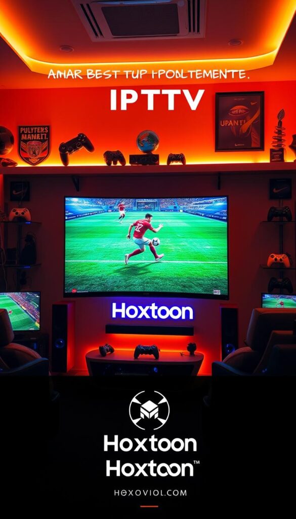 A high-tech sports entertainment hub with a striking display of a large curved OLED TV showcasing a live football match, surrounded by modern gaming consoles, sports memorabilia, and a Hoxtoon Provider logo prominently featured. The scene is bathed in warm, ambient lighting, creating a cozy and immersive atmosphere perfect for sports enthusiasts. The TV's image is crisp and vibrant, drawing the viewer's attention to the captivating action on screen. The overall composition emphasizes the ultimate IPTV experience, delivering the best in sports entertainment.