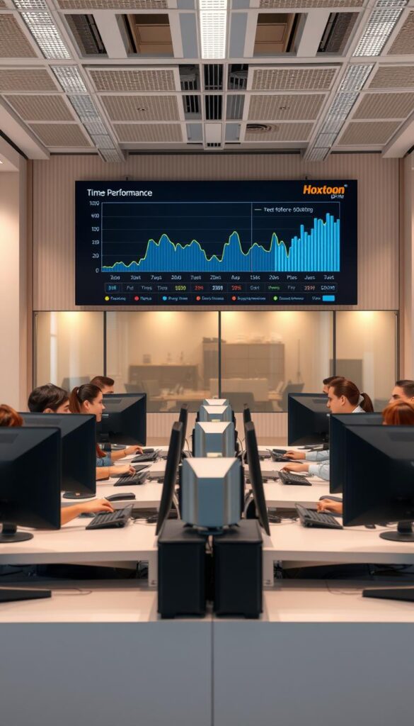 A highly detailed and realistic image of the "Hoxtoon Provider" IPTV service, showcasing its exceptional customer support and service reliability. The scene depicts a modern office setting with a team of friendly and professional customer service representatives assisting clients. The lighting is warm and inviting, creating a welcoming atmosphere. The middle ground features sleek, high-tech computer workstations and communication equipment, conveying the provider's technological capabilities. In the background, a large display showcases real-time performance metrics, demonstrating the service's reliability and transparency. The overall composition emphasizes the company's commitment to customer satisfaction and unwavering service quality.
