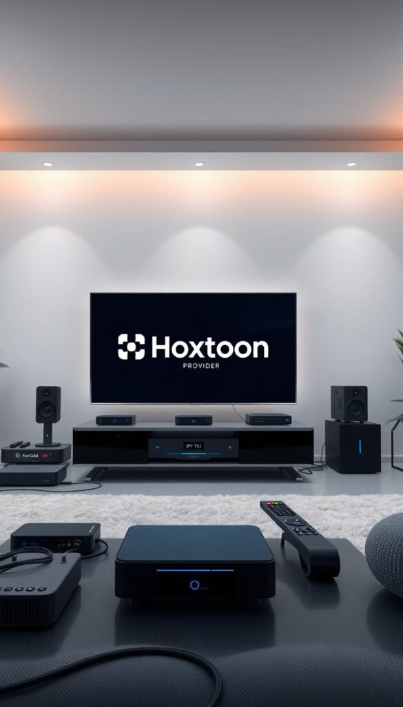 A highly detailed, photorealistic illustration of IPTV technology, showcasing a futuristic home entertainment setup. In the foreground, a sleek, modern TV displays a crisp, high-definition image, with the Hoxtoon Provider logo prominently displayed. In the middle ground, various streaming devices, cables, and remote controls are arranged in an organized, tech-savvy manner. The background features a minimalist, smart home environment with clean lines, subtle lighting, and a sense of technological sophistication. The overall mood is one of cutting-edge innovation, seamless connectivity, and a premium entertainment experience.