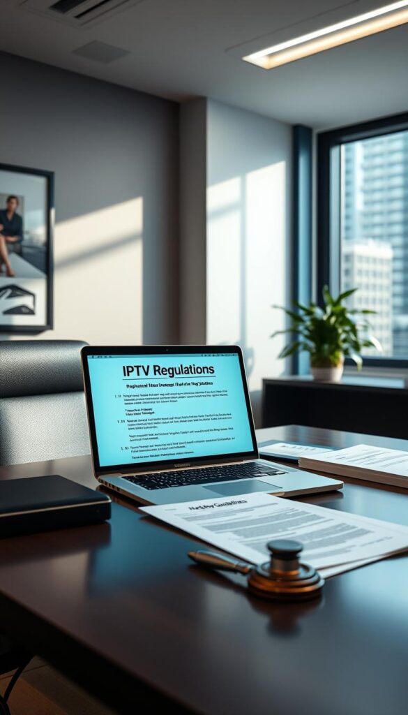 A highly detailed, photorealistic image of "IPTV Regulations" set in a modern office environment. The scene depicts a desk with a laptop displaying regulatory guidelines, surrounded by legal documents and a Hoxtoon Provider logo. Soft, directional lighting from a large window creates a professional, authoritative atmosphere. The image conveys the seriousness and importance of understanding the legal considerations for IPTV usage in the United States.