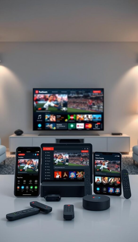 A highly detailed, photorealistic setup of the Hoxtoon Provider app and device interfaces on multiple screens, showcasing the seamless integration across different platforms. The foreground features a smartphone, tablet, and smart TV display, each showing the Hoxtoon app's intuitive user interface and live sports content. The middle ground includes various remote controls and peripheral devices, emphasizing the versatility of the Hoxtoon setup. The background showcases a modern, minimalist living room environment with subtle lighting and clean lines, creating a sense of elegance and technology integration. The overall composition highlights the ease of accessing Hoxtoon's free IPTV sports channels across a range of devices.