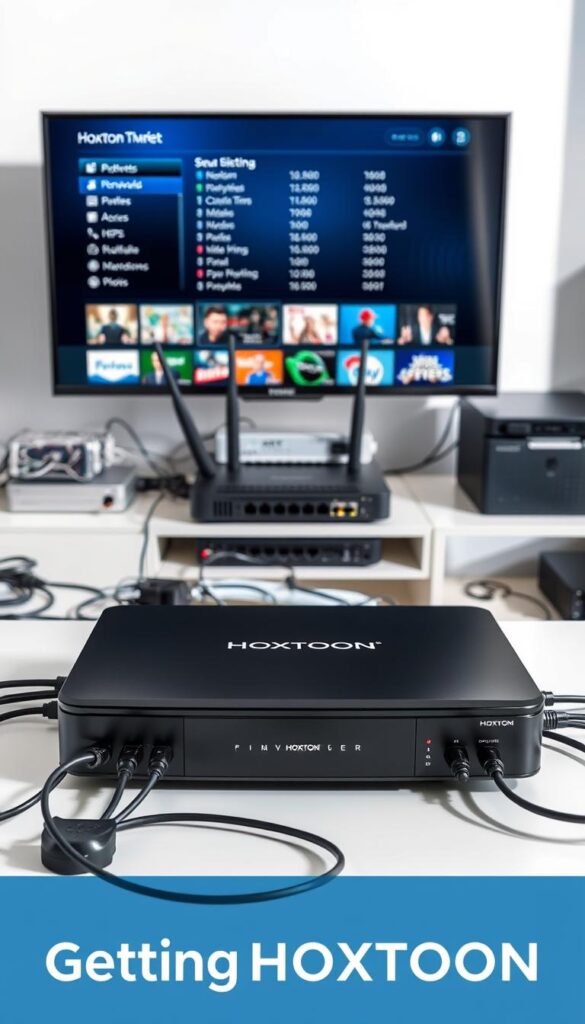 A highly detailed, technical diagram of a HOXTOON device configuration. In the foreground, a sleek, modern HOXTOON Provider set-top box sits on a minimalist desk, surrounded by various cables and connectors. The middle ground shows a network router, modem, and other networking equipment, all neatly arranged. In the background, a large, high-resolution display shows a user interface with channel listings and video-on-demand options. The lighting is bright and natural, creating a sense of clarity and precision. The overall composition conveys a clean, professional, and high-tech atmosphere suitable for illustrating the "Getting Started with HOXTOON" section of the article.
