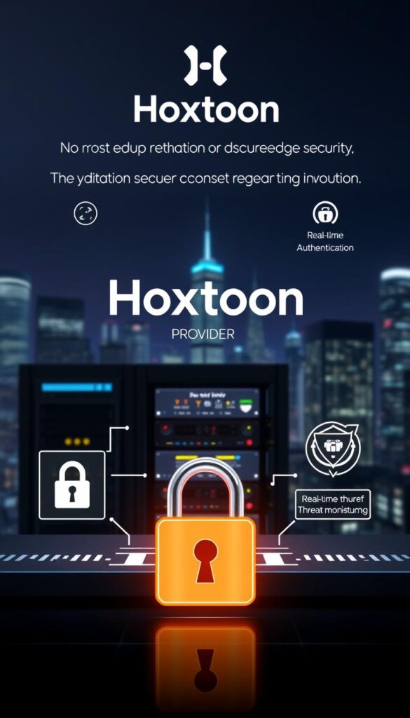 A highly secure and encrypted IPTV system with the Hoxtoon Provider logo prominently displayed. The system is depicted with a sleek, modern interface showcasing cutting-edge security features such as advanced encryption, two-factor authentication, and real-time threat monitoring. In the foreground, a digital padlock and secure network icons convey the robust security measures. The middle ground features a server rack with blinking indicator lights, suggesting the powerful infrastructure powering the Hoxtoon IPTV platform. The background depicts a cityscape at night, illuminated by the glow of digital displays, symbolizing the global reach and reliable connectivity of the Hoxtoon IPTV service.