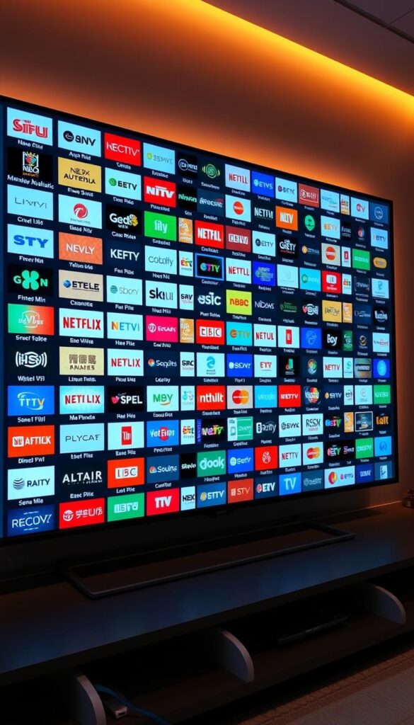 A large TV screen displaying a comprehensive grid of various IPTV channels, showcasing the expansive 21,000+ channel selection of the Hoxtoon Provider service. The screen is backlit with a soft, warm glow, creating a sleek and modern ambiance. The channels are clearly visible, with distinct logos and program information, allowing the viewer to easily navigate the impressive breadth of content available. The scene is shot from a slightly elevated angle, emphasizing the scale and depth of the channel offerings. The overall composition conveys a sense of abundance, quality, and the convenience of having a vast array of entertainment options at one's fingertips.