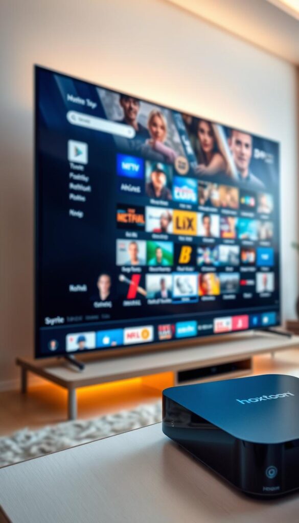 A large flat-screen television displaying a wide range of high-definition IPTV channels, showcasing the exceptional visual quality and variety offered by the Hoxtoon Provider service. The screen is illuminated by soft, warm lighting, creating a cozy and inviting atmosphere. In the foreground, a sleek and modern media streaming device is prominently featured, hinting at the seamless integration and user-friendly experience of the Hoxtoon platform. The background is blurred, allowing the viewer to focus on the vibrant, crystal-clear images on the television screen, demonstrating the superior performance and reliability of the Hoxtoon IPTV service.