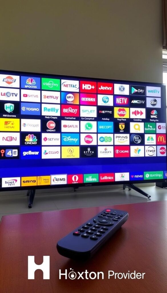 A large flat-screen television prominently displays a diverse array of IPTV channel logos in vivid detail, arranged in a grid-like pattern. The channels include popular news, sports, entertainment, and regional options, reflecting a comprehensive selection. The screen is illuminated by natural light streaming in from a nearby window, creating a bright and inviting atmosphere. In the foreground, a sleek and modern remote control sits on a wooden surface, symbolizing the user's control over the extensive channel options. The Hoxtoon Provider logo is subtly displayed in the bottom corner, showcasing the reliable IPTV service powering this impressive channel selection.