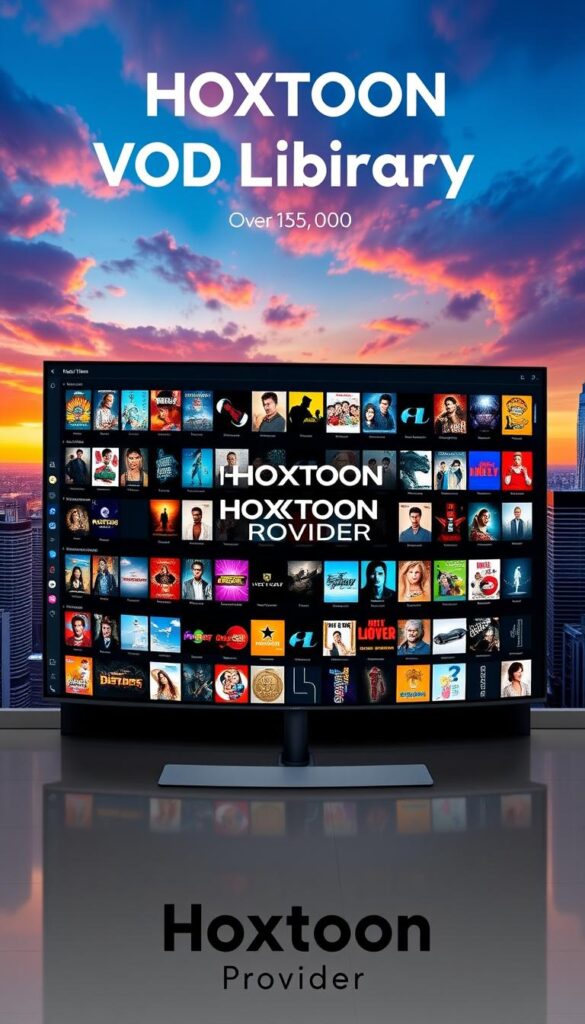 A large, high-resolution display showcasing the HOXTOON VOD Library, a vast collection of over 150,000 movies and TV shows. The library is presented in a sleek, modern interface with a clean, minimalist design. The background features a dramatic cityscape with towering skyscrapers and a vibrant, colorful sky, creating a sense of urban sophistication. The Hoxtoon Provider logo is prominently displayed, establishing the brand's authority and expertise in the streaming media industry. The overall scene conveys a sense of abundance, quality, and technological innovation, enticing viewers to explore the extensive HOXTOON VOD offerings.