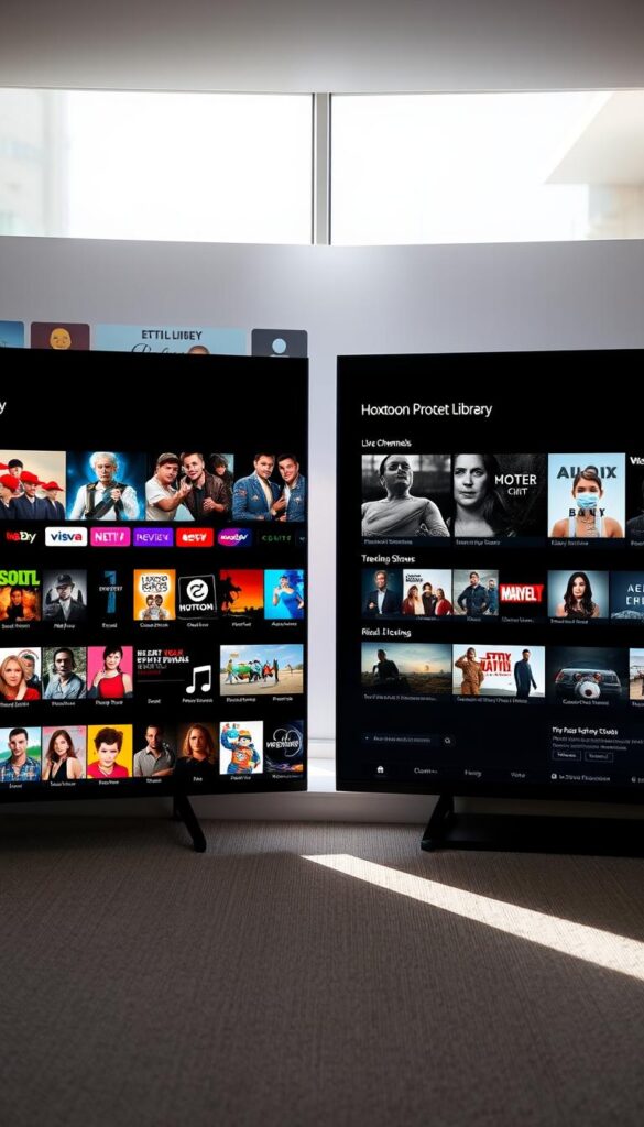 A large, high-resolution side-by-side comparison of IPTV content libraries, showcasing the breadth and depth of the Hoxtoon Provider service against its competitors. The left panel displays the Hoxtoon Provider library, featuring a diverse array of live channels, on-demand movies, and trending shows, all with a sleek, modern interface. The right panel depicts the limited content offerings and outdated UI of rival IPTV services, highlighted by a sense of dullness and frustration. Bright, natural lighting illuminates the scene, emphasizing the vibrancy and user-friendliness of the Hoxtoon Provider platform. The composition is balanced, with clean lines and a minimalist aesthetic to allow the content to take center stage. An overall tone of superiority and innovation conveys Hoxtoon Provider's unparalleled IPTV experience.