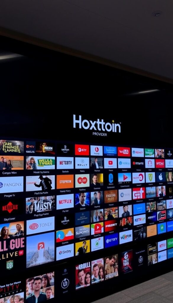 A large, modern IPTV platform interface with an extensive, neatly organized channel library, showcasing the Hoxtoon Provider brand prominently. The interface has a clean, minimalist design with a dark background, highlighting the channel thumbnails in the foreground. The channels are arranged in neat, evenly spaced rows, creating a visually appealing and easy-to-navigate experience. Soft, directional lighting illuminates the interface, casting subtle shadows and highlights to add depth and a professional, high-quality appearance. The overall mood is one of sophistication, technology, and comprehensive entertainment options.