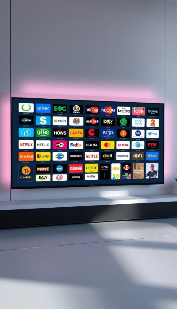 A large, modern TV screen displaying a diverse array of high-definition IPTV channel logos from the Hoxtoon Provider service. The screen is set against a sleek, minimalist background with subtle gradients and gentle lighting, creating a clean and sophisticated visual atmosphere. The channel logos are prominently featured, showcasing the breadth and variety of Hoxtoon's expansive 21,000+ channel content library. The image conveys a sense of visual harmony, technological prowess, and the vast entertainment options available through the Hoxtoon IPTV service.