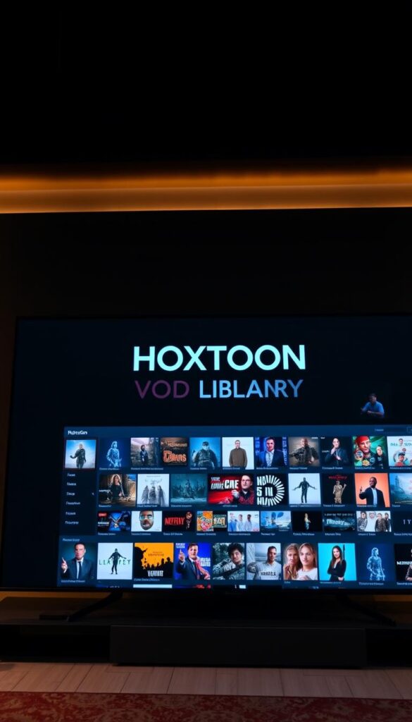 A large, modern TV screen displaying a sleek, intuitive interface with a vast array of on-demand video content. The "HOXTOON VOD Library" logo is prominently featured, conveying a sense of professionalism and quality. The background is dimly lit, with subtle lighting accents highlighting the screen and creating a cozy, cinematic atmosphere. The overall composition emphasizes the depth and breadth of the Hoxtoon Provider's extensive video-on-demand library, inviting the viewer to explore the platform's diverse offerings.