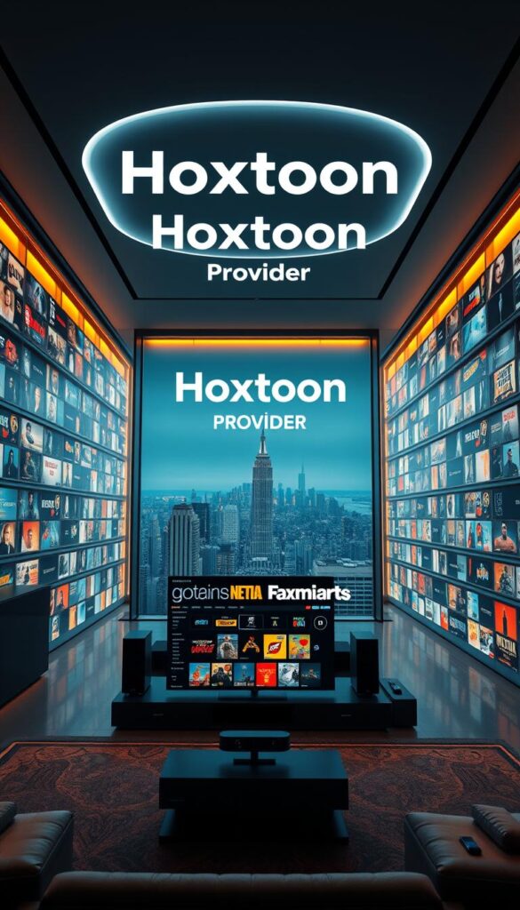 A large, modern media library with a sleek, minimalist design. Rows of digital content displayed on floor-to-ceiling screens, lit by warm, ambient lighting. The Hoxtoon Provider logo prominently featured, conveying a sense of premium entertainment. In the foreground, a high-end living room setup with a state-of-the-art smart TV and audio system, inviting viewers to immerse themselves in the vast Hoxtoon VOD catalog. The middle ground showcases a diverse range of genre icons and thumbnails, hinting at the breadth of content available. The background features a panoramic view of a futuristic city skyline, adding a touch of urban sophistication. The overall mood is one of modern luxury, technological innovation, and endless entertainment possibilities.