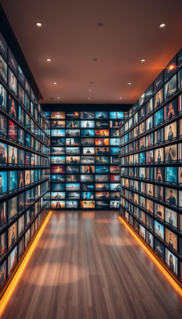 A large, modern media library with rows of high-resolution video thumbnails spanning a variety of genres and categories. The sleek, minimalist user interface of the Hoxtoon Provider VOD platform is displayed, featuring a clean layout and intuitive navigation. Warm lighting illuminates the space, creating a cozy and inviting atmosphere. The library conveys a sense of depth and scale, hinting at the impressive breadth of content available. Cinematic camera angles and a subtle depth of field focus the viewer's attention on the core functionality and visual appeal of the Hoxtoon VOD library.