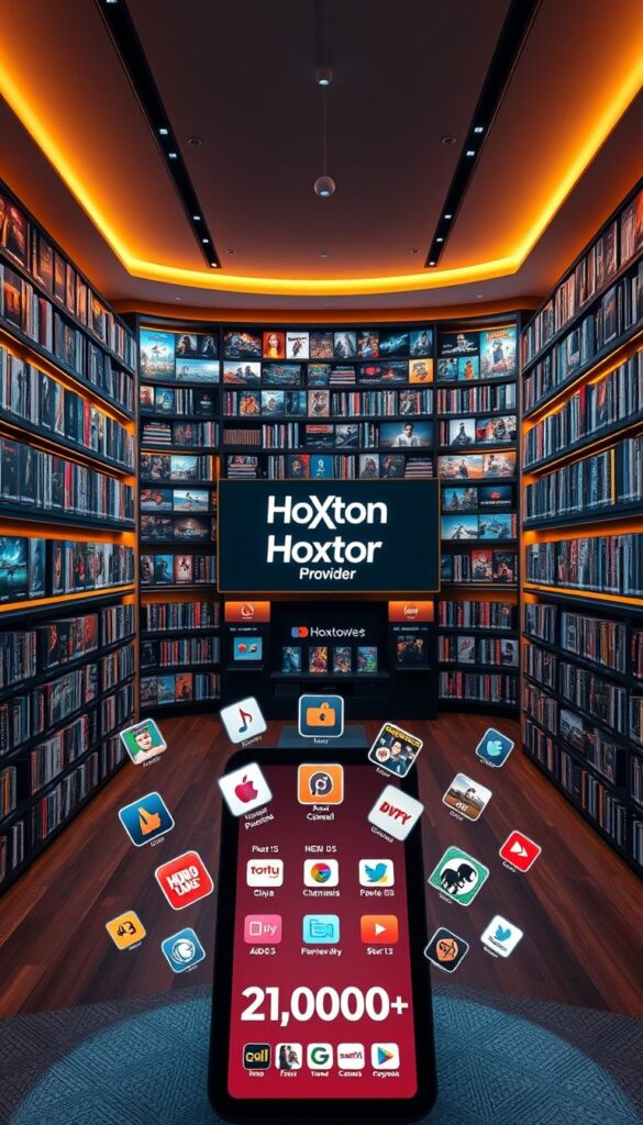 A large, modern media library with rows of shelves displaying a vast collection of movie, TV show, and sports content. The "Hoxtoon Provider" brand is prominently displayed on the central display. Warm, ambient lighting illuminates the space, creating a cozy and inviting atmosphere. The shelves are organized by genre, with vivid cover art and sleek design elements. In the foreground, a digital kiosk showcases the breadth of the library, with floating icons and visuals highlighting the 21,000+ channels available. The overall scene conveys a sense of depth, accessibility, and the sheer scale of the Hoxtoon content library.