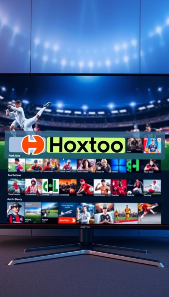 A large, modern sports streaming service interface displayed on a high-resolution monitor. In the foreground, the Hoxtoon Provider brand logo is prominently featured, conveying a sense of premium quality and reliability. The middle ground showcases a diverse library of on-demand sports content, with thumbnails and categories neatly organized. The background features a subtle, cinematic sports-themed backdrop, with blurred action scenes and dynamic lighting to create an immersive atmosphere. The overall scene exudes a sleek, technologically advanced, and visually appealing aesthetic, reflecting the extensive VOD library available through the Hoxtoon Provider platform.