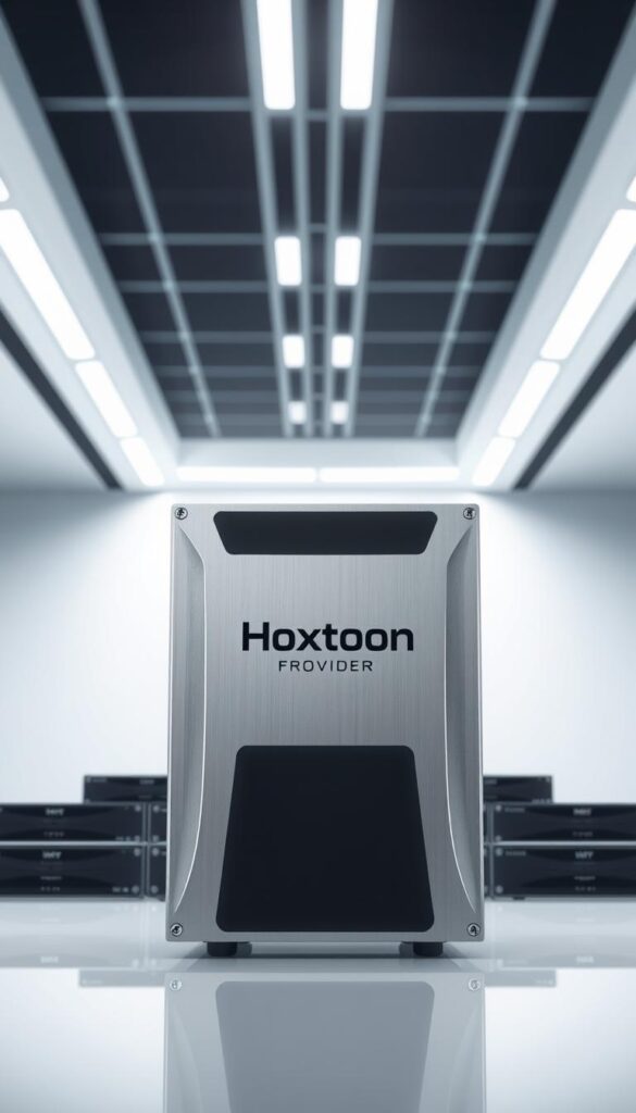 A large, sleek and modern IPTV encoder stands prominently in the foreground, its metallic casing gleaming under bright studio lighting. The Hoxtoon Provider logo is clearly visible on the front panel. In the middle ground, several smaller encoder units are neatly arranged, showcasing the range of products offered. The background features a minimalist, high-tech environment with clean lines and a slightly blurred, futuristic ambiance, emphasizing the advanced technological capabilities of the Hoxtoon system. The overall composition conveys a sense of precision, reliability and cutting-edge innovation in the world of IPTV content delivery.