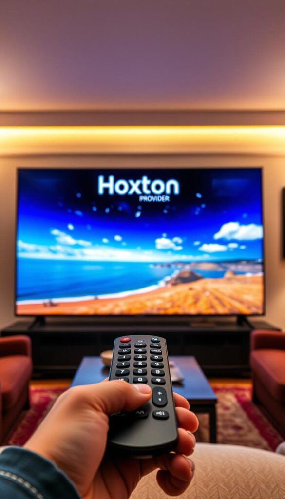 A large, ultra-high-definition television screen takes center stage, showcasing the vibrant, crystal-clear picture quality of the "Hoxtoon Provider" IPTV service. In the foreground, a sleek, modern remote control invites interaction, hinting at the seamless user experience. The background features a cozy living room setting, with plush furniture and warm lighting, creating an atmosphere of relaxation and entertainment. The scene conveys a sense of technological sophistication and the transformative power of premium IPTV, delivering an immersive viewing experience tailored to the needs of the modern consumer.